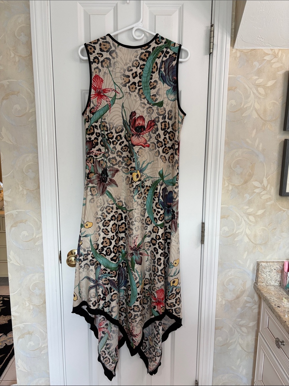 Joseph Ribkoff Vintage Leopard Floral Long Vest Dress in Beige with Black Trim - Picture 9 of 12